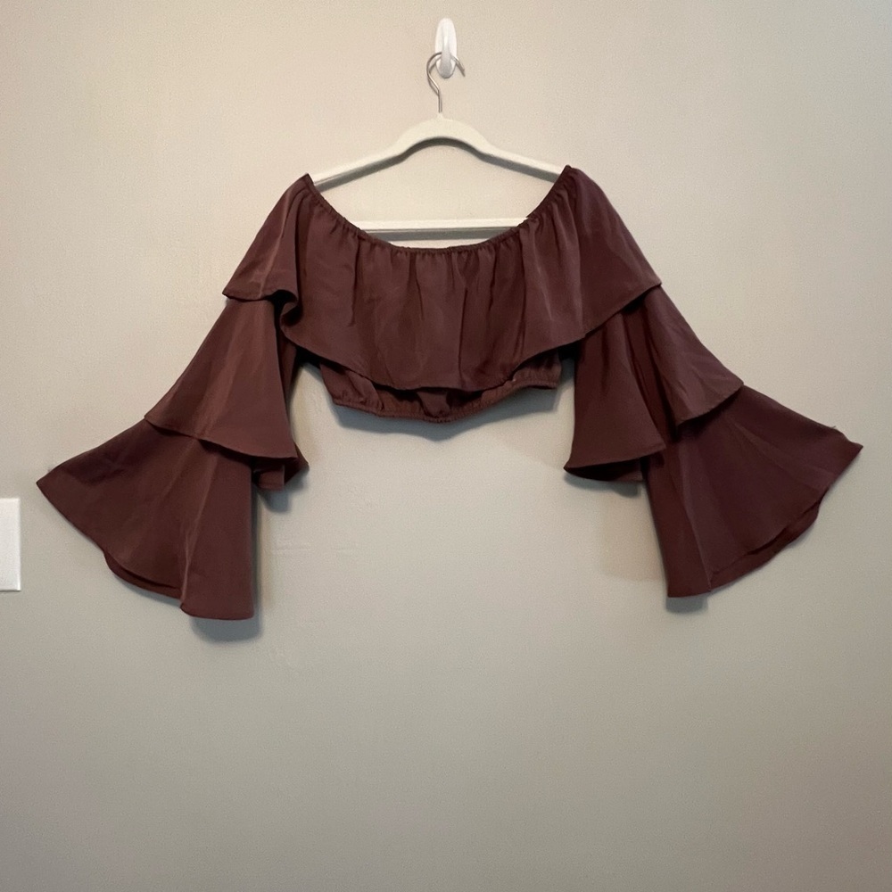 Tobi Mauve Brown Off Shoulder Ruffle Tiered Bell Sleeve Crop Top Small
